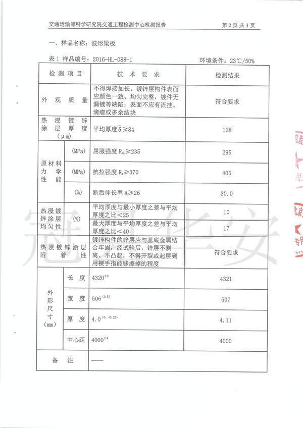 三波鍍鋅波形護欄檢測報告 三波鍍鋅波形護欄檢測報告